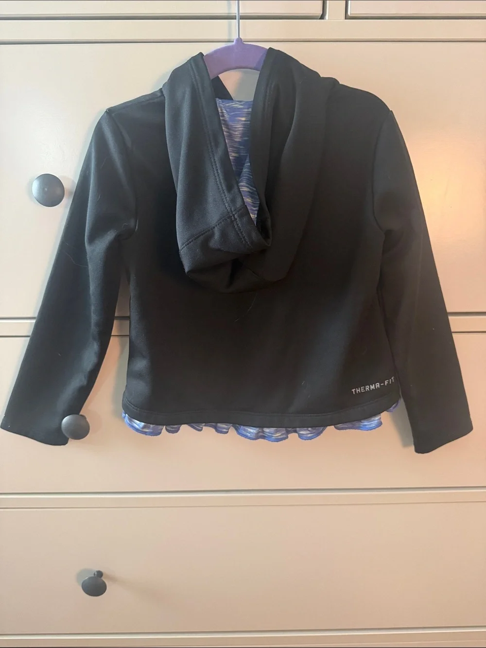 Nike Black Hoodie with Purple Swoosh and Blue/Purple Ruffle along the Bottom